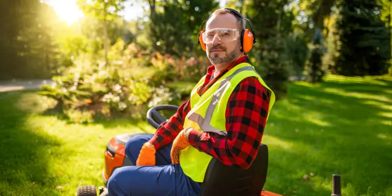 Ein Gärtner auf einem Rasenmäher bei Sonnenlicht, trägt Schutzbrille und Warnweste.