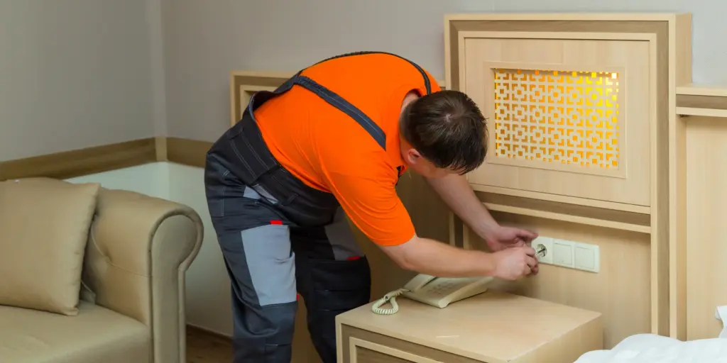 Ein Handwerker repariert eine Steckdose in einem Hotelzimmer mit Sofa und Telefon auf dem Nachttisch.