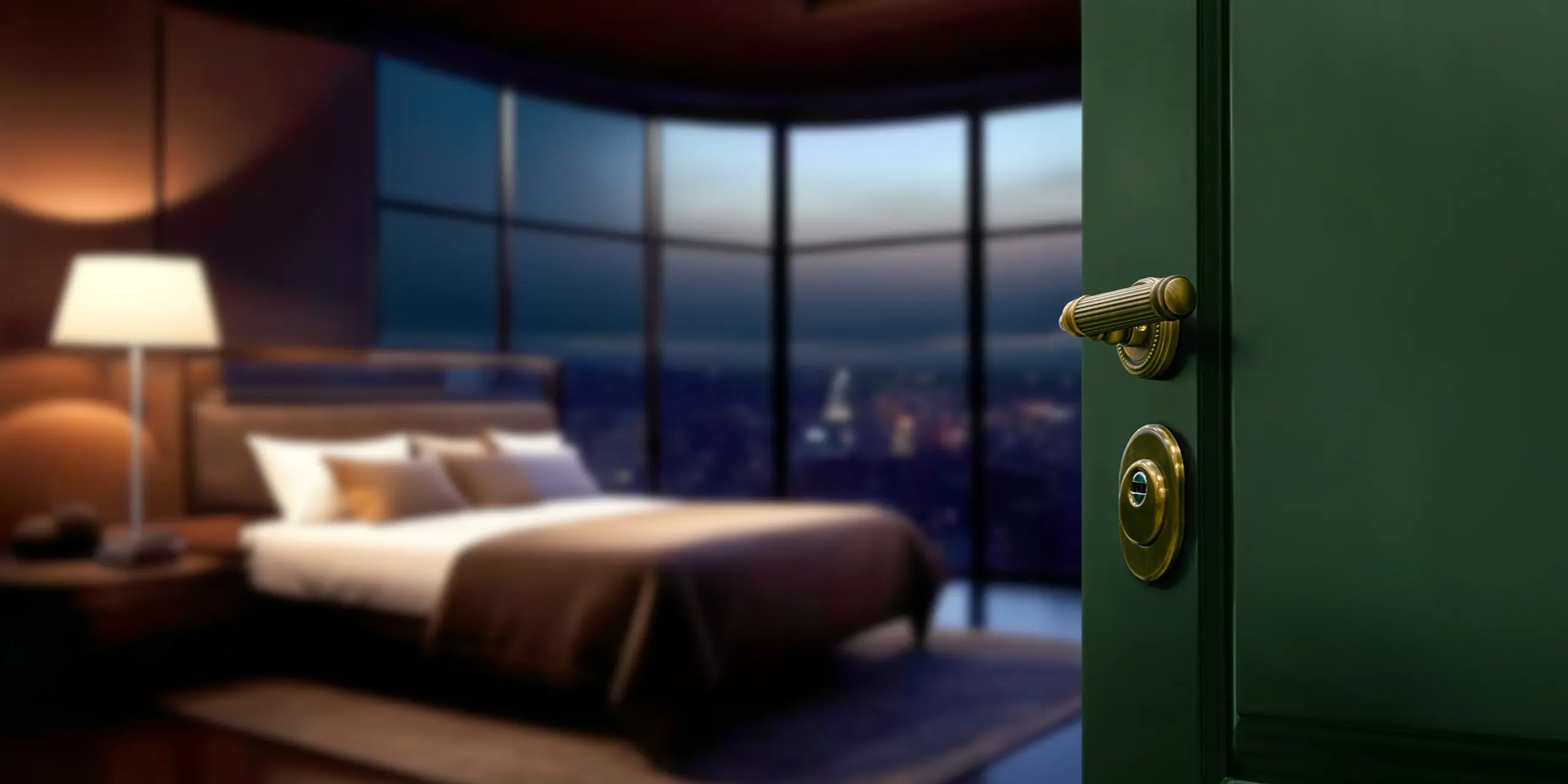 Luxuriöses Schlafzimmer mit Stadtblick, elegantes Bett, Leuchte, große Fenster, minimalistisch und stilvoll.