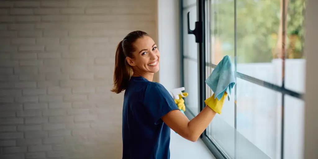 Frau in blauer Uniform putzt ein Fenster, lächelt, mit Reinigungsspray und Tuch, helle Umgebung.