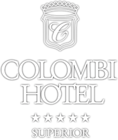 Colombi Hotel Logo: Wappen mit C, 5-Sterne Superior, schwarz-weißes Luxushotel-Branding.